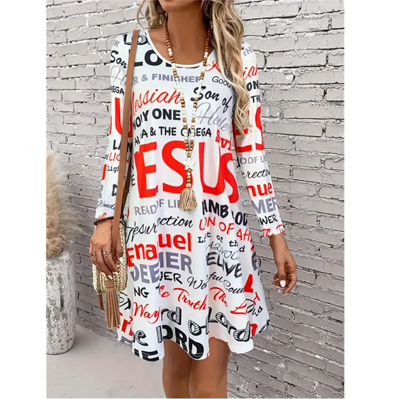 Women Fashion Party Dress Autumn Long Sleeve O-Neck Casual A-Line Dress 3D Vintage Letter Grid Leopard Print Dress Lady Vestidos