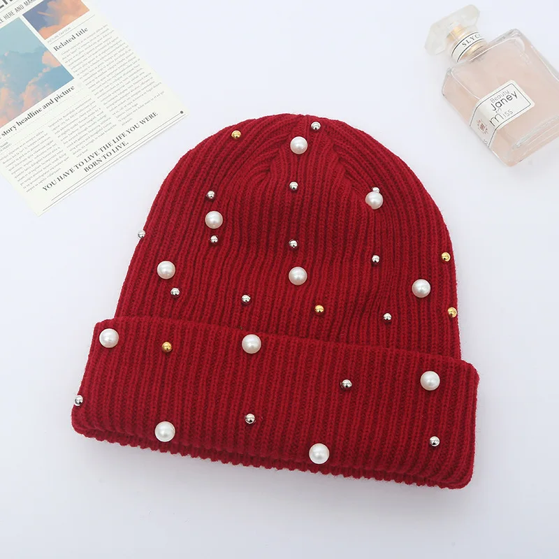 Winter Knitted Beanie Women Ladies Casual Outdoor Warm Skullies Cap Rhinestone Pearls Knitting Hats Female Solid Color Casual