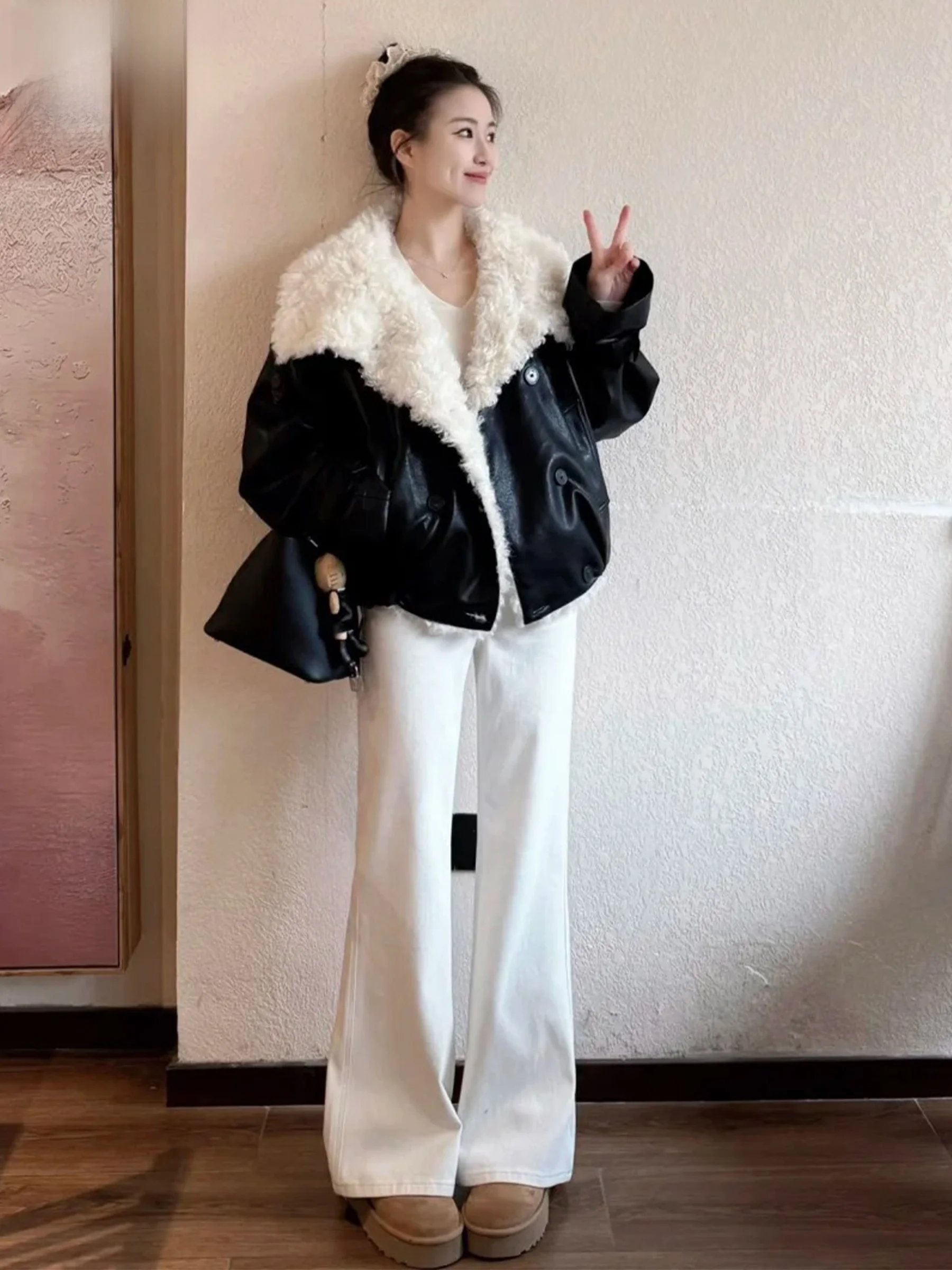 

Low Waist Fleece Lined Flared Denim Jeans Women's Slimming Zipper Design Bell Bottoms Casual American Style Jeans