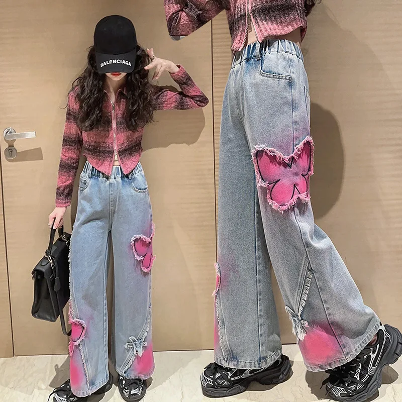 Girls Wide Leg Denim Pants with Butterfly Design Casual Loose New Spring Fashion Long Jeans Children Korean Style Trousers