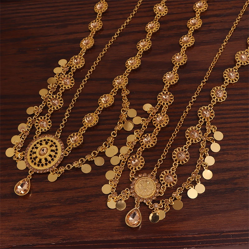 سلسلة رأس هندية للنساء عملات ذهبية اللون عربية شرابة الزفاف حجر الراين غطاء الرأس اكسسوارات الزفاف