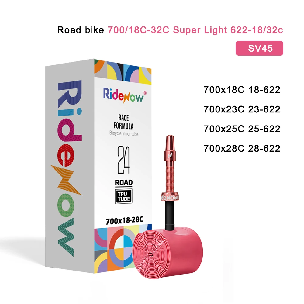 

RideNow New Ultralight Metal Nozzle 700x18-28c Road Bicycle Inner Tube TPU Durable Universal 24g Weight External Threading Tube
