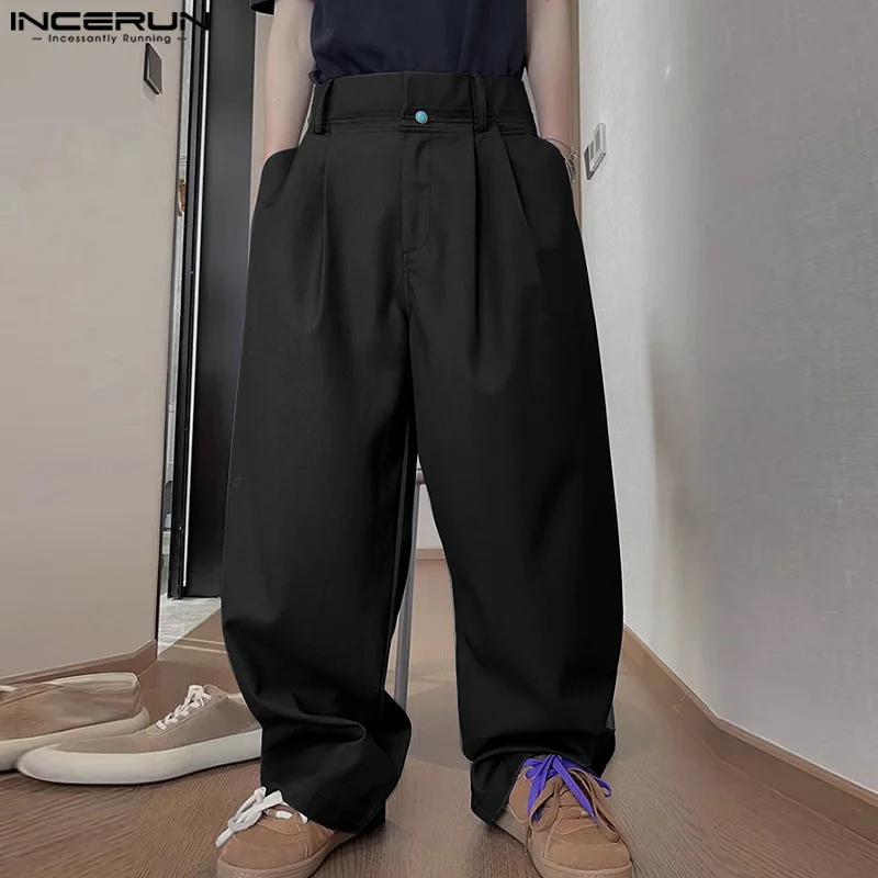 

Мужские брюки, однотонные плиссированные повседневные брюки с высокой талией и пуговицами, мужские уличные свободные джоггеры, модные мужские длинные брюки INCERUN
