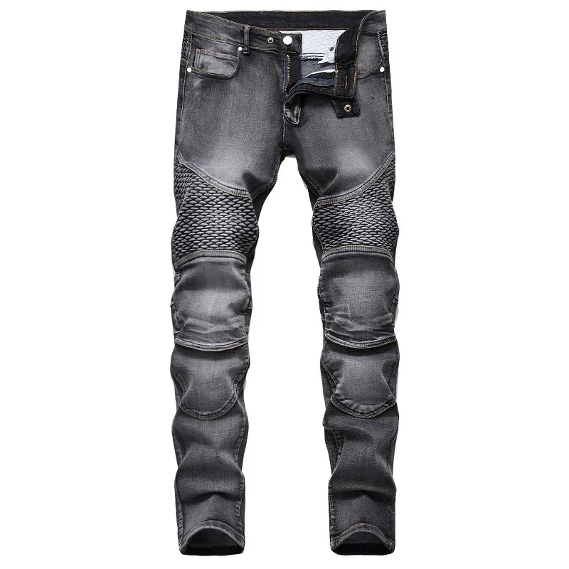 New Men\'s Patchwork Vintage Biker Jeans Hip Hop Slim Straight Elastic Cycling Denim Pants Male Fashion Streetwear Trouser