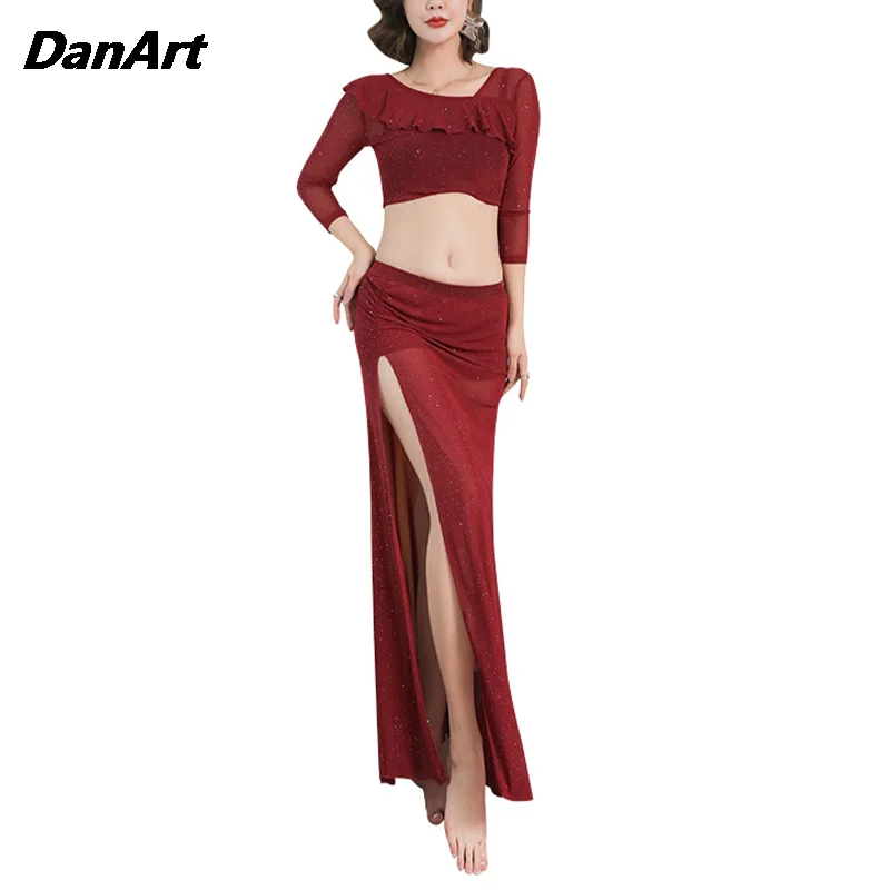 

Belly Dance Costume Set for Women Long Sleeve Top and Sexy Split Long Skirt Stage Performance Suit Elegant Outfit Four Seasons