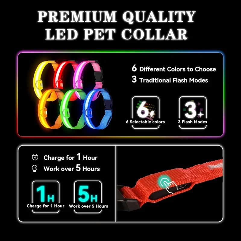 LED Dog Collar Rechargeable Waterproof Reflective Light Up for Night Walking USB Charging Small Medium Large Dogs Medium Red