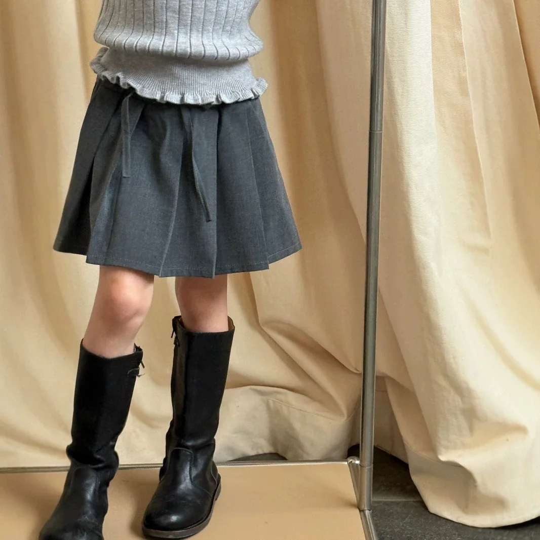 Girls Solid New Fall 2026 Versatile Skirt Korean Style Pleated Double Waist Preppy Skirt Autumn Style
