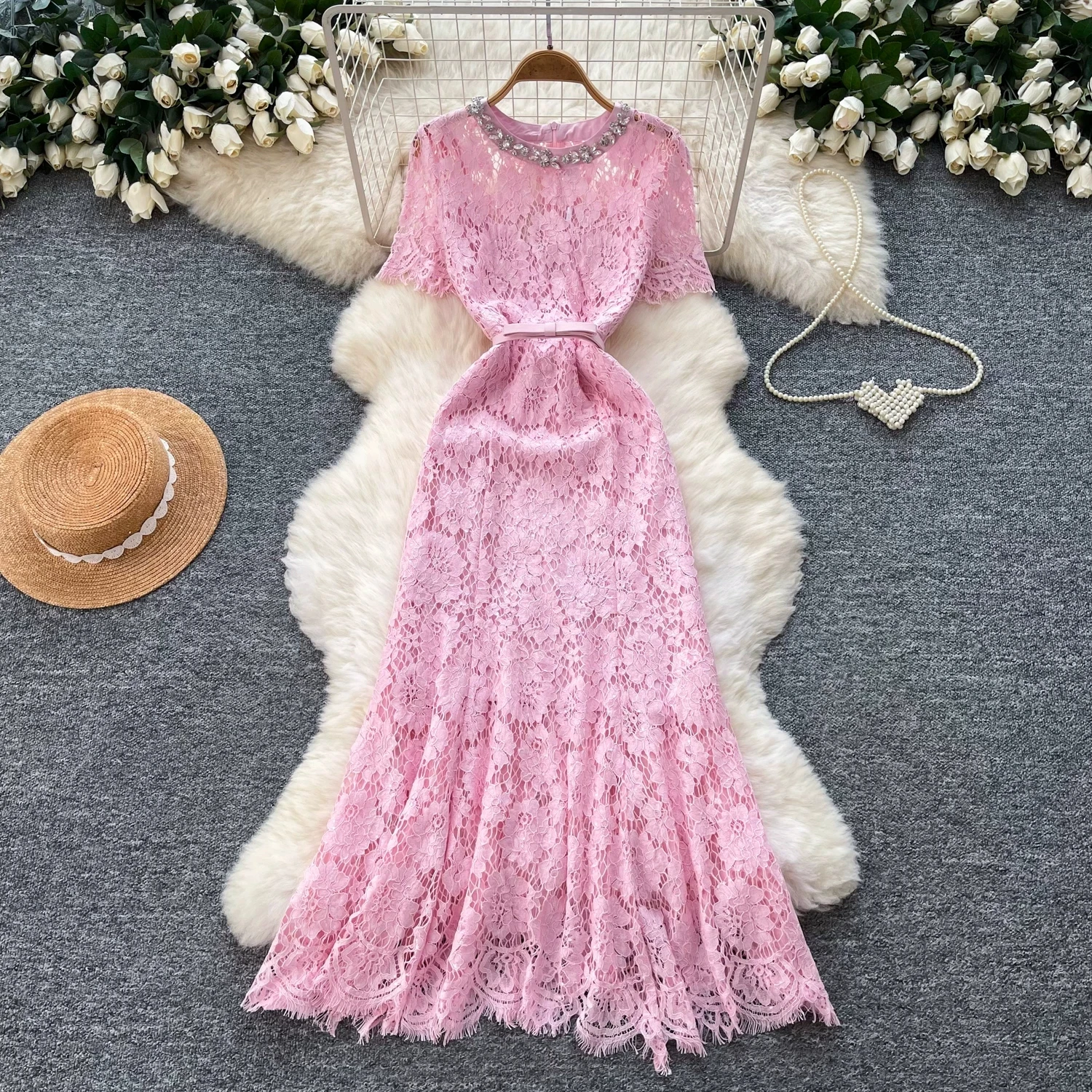 Women Beaded Crew Neck Lace Bodycon Dress Short Sleeve High Waist Long Formal Wedding Guest Evening Prom Dresses Vestidos