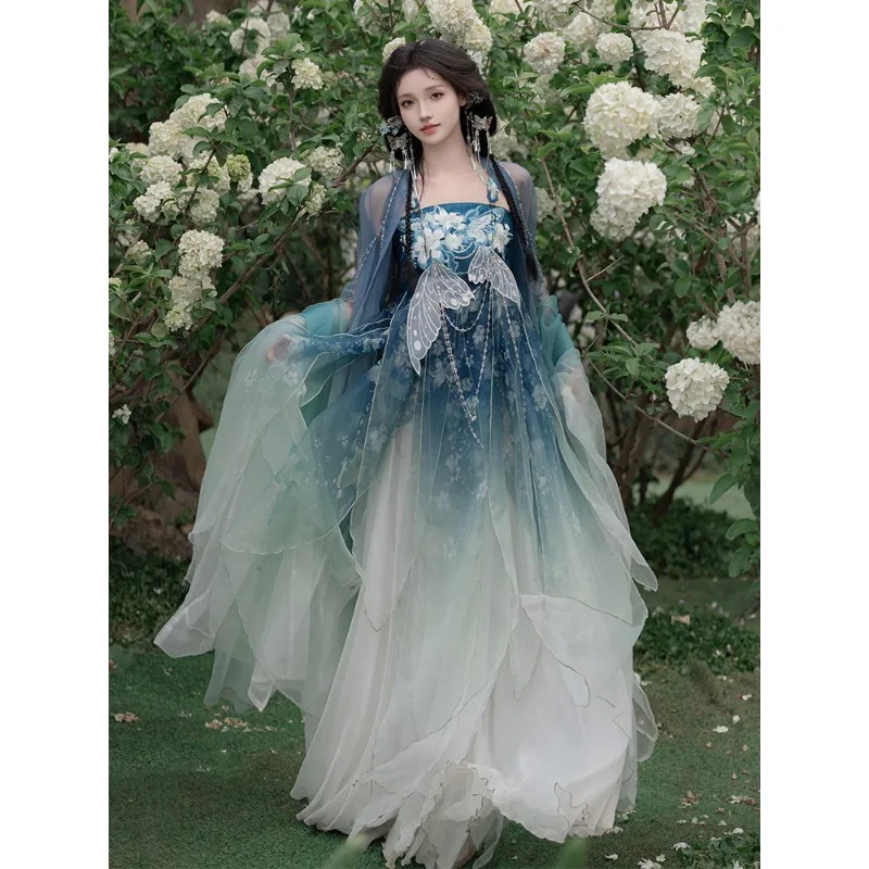 

Women's Tang Style Hezi Skirt Hanfu Set with Wide Sleeves, Improved Design, Super Fairy Heavy Embroidery Summer