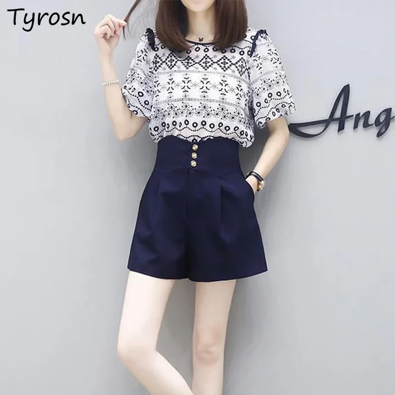

Women Sets O-neck Shirt Shorts Elegant S-4XL Summer Ruffles Hip Design Korean Style Tender Retro Printed Short Sleeve Streetwear
