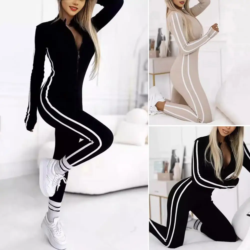

Women Sport Jumpsuit Striped Zipper Closure Skinny Compression Gym Fitness Outfit Elastic Mid Waist Solid Color Jumpsuit