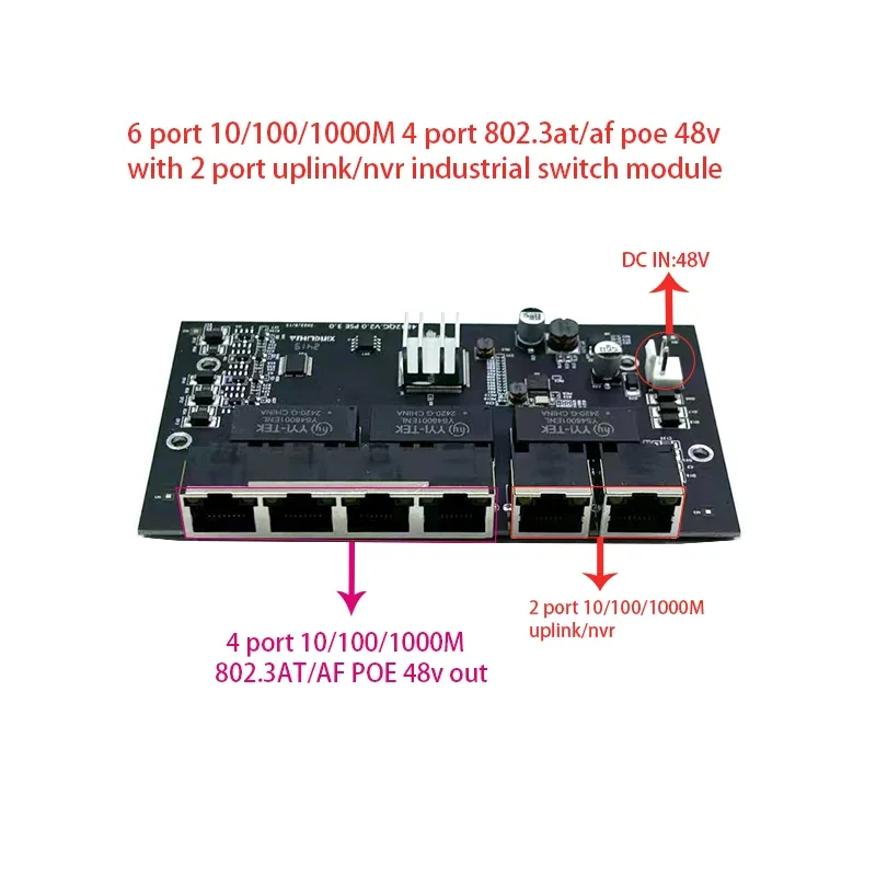 6 Port 10/100/1000M 4Port 802.3at/Af Poe In/Out 48V Met 2Port Uplink/Nvr Industriële Switch Module