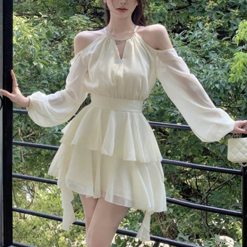 Summer Beige Hanging Neck Dress for Women Fairy Style Ruffle Chiffon Strapless High Waisted Holiday Beach Party Sexy Mini Dress