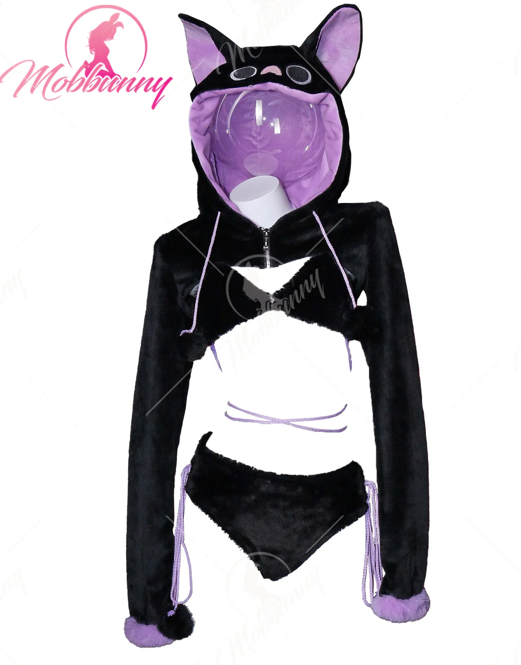 

Mobbunny Women Sexy Lingerie Set Plush Bat Style Sleepwear Homewear Bra and Panty with Short Zipper Hoodie Cosplay Costumes