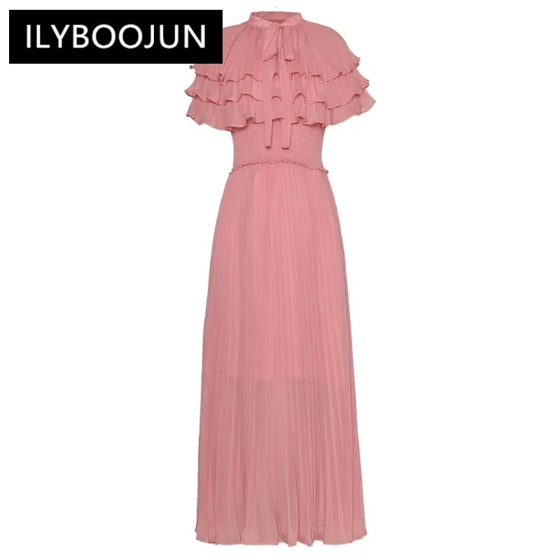 

ILYBOOJUN 2024 Summer Vacation Fashion Runway Dress Women Strap O Neck Ruffled Shine Princess Style Big Swing Maxi Dress