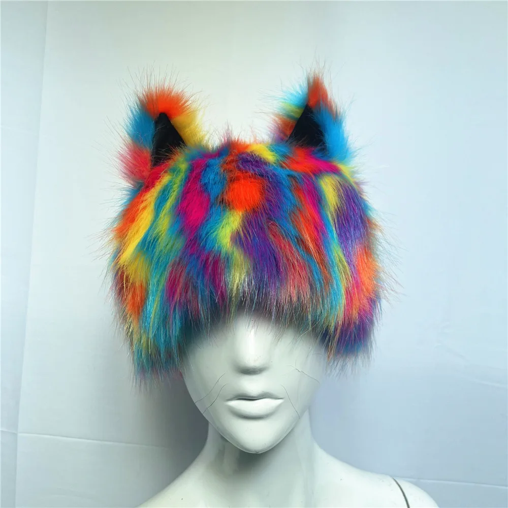 Imitation fur hat rainbow cat ear headwear festival funny dress hat party performance color fox hair warm hat