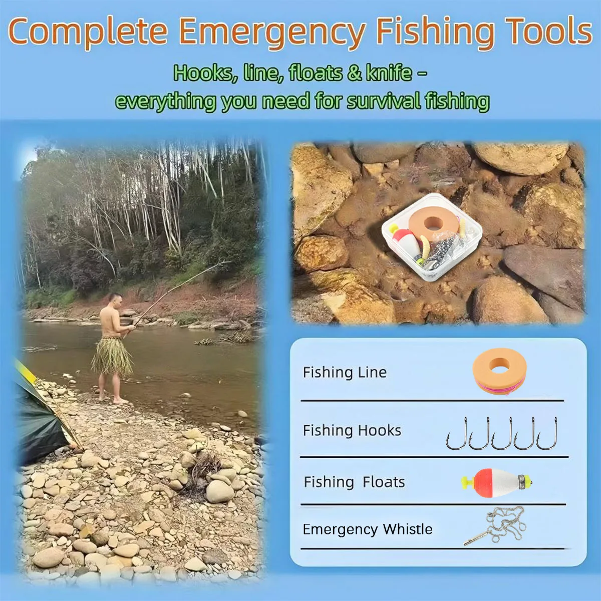 Portable Emergency Fishing Gear Set，Portable Outdoor Emergency Fishing Kit with Bobber, Hooks, Lures, Line & Storage Box
