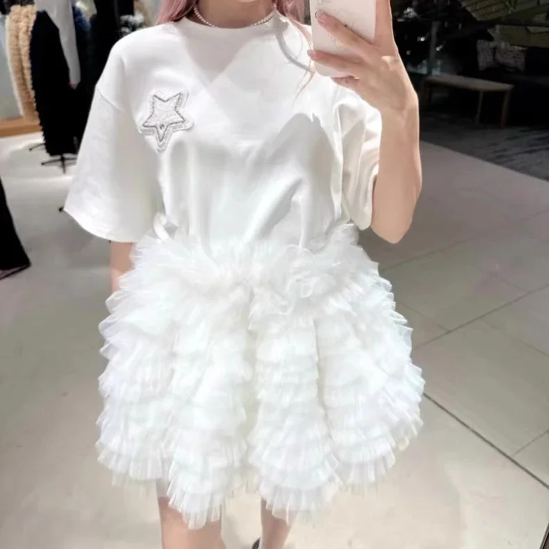 Japanese Style Sweet Bud Cake Skirt Summer New Women's Elastic Waist Short Skirts Ladies Loose Casual T-shirt Tops 2025