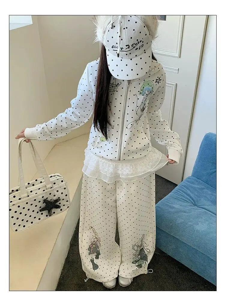 Sweet Harajuku Kawaii Polka Dot Wide Leg Sweatpants Anime Girl Graphic Print Elastic Waist Loose Aesthetic Casual Y2K Trousers