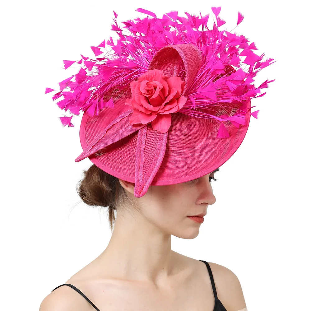 Elegant Hot pink Feather Fascinator Wedding Bridal HairClip Event Hat For Party Cocktail Headpiece Lady Floral Pattern HeadWear