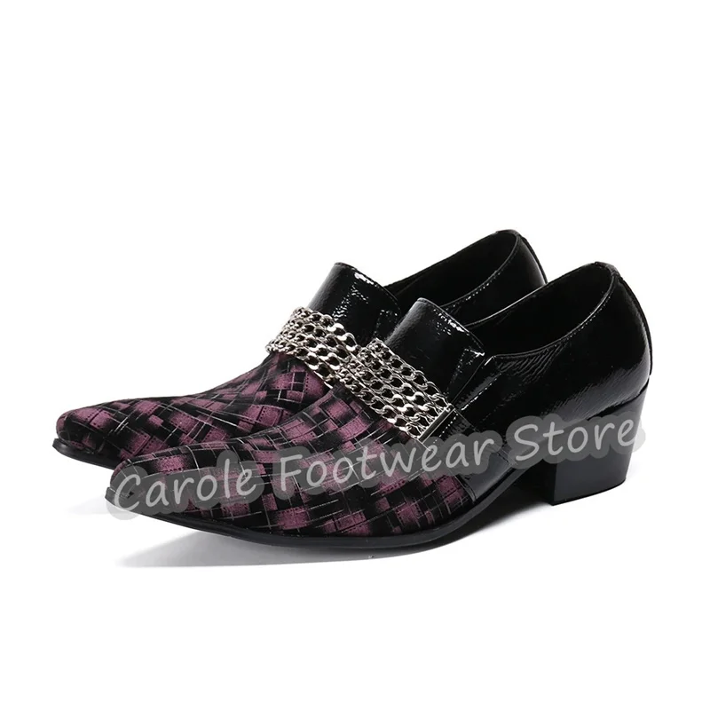 

British Style Mixed Color High Top Chian Decor Mules Male Pointed Toe Chunky Heel Slip-On Derby Shoes Party Dress Loafers