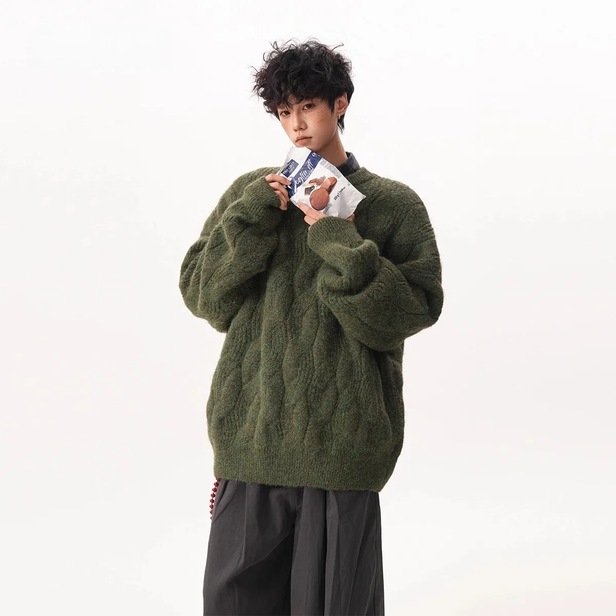 

Ретро-свитер унисекс с круглым вырезом, вязаный, свободного кроя, с узором косы, утепленный, осенне-зимний, теплый топ