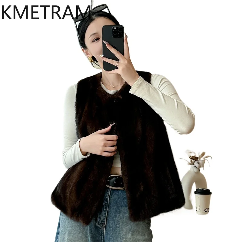 

Жилет из натурального норкового меха, женская коричневая шуба без рукавов, женская зимняя одежда высокого качества, новинка 2025, верхняя одежда шуба женская