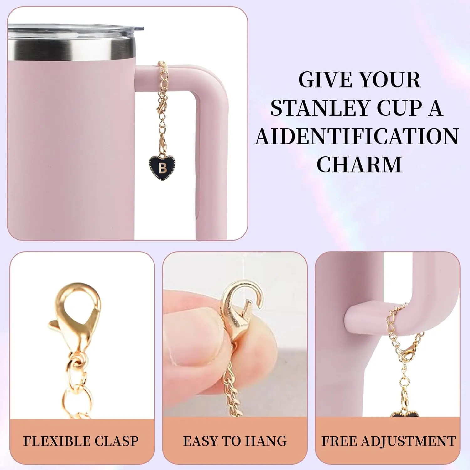 Letter Charm Accessories for Stanley Cup Name ID Letter Handle Charm For Stanley Tumbler Heart Shape Initial Identification Char