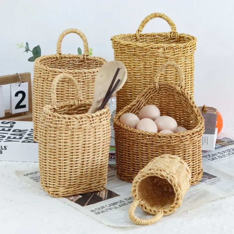 

Handmade Creative Weaving Kitchen Storage Basket Imitation Rattan Wall Hanging Storage Basket