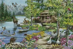 Scenery Cabin by the lake 16CT 14CT Unprinted Top Quality Cross Stitch Kits Embroidery Art DIY Handmade Needlework Home Decor