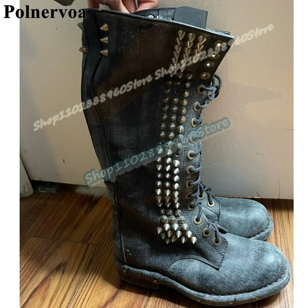 Casual Mid Calf Black Cross Tied Rivets Knight Boots Flats Shoes For Women Side Zipper Round Toe Fashion 2026 Zapatos Para Mujer