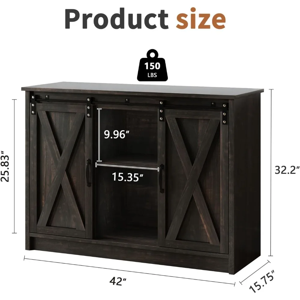 Szafka barowa na kawę z przesuwanymi drzwiami stodołowymi, bufet/szafka boczna 42 cale z miejscem do przechowywania, szafka barowa w stylu farmhouse.