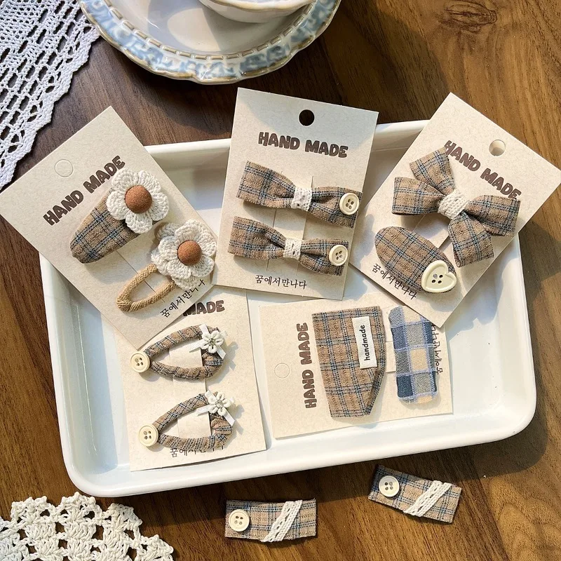 

Заколки для волос в корейском стиле с бантом для детей, ретро-заколки из клетчатой ткани, боковые заколки для девочек, милые модные детские аксессуары для волос