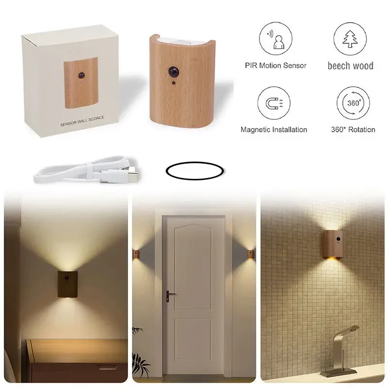 Wireless LED Motion Sensor Induction Light USB Rechargeable Beech Wood Stair Wall Warm White Lamp for Home Bedroom Closet