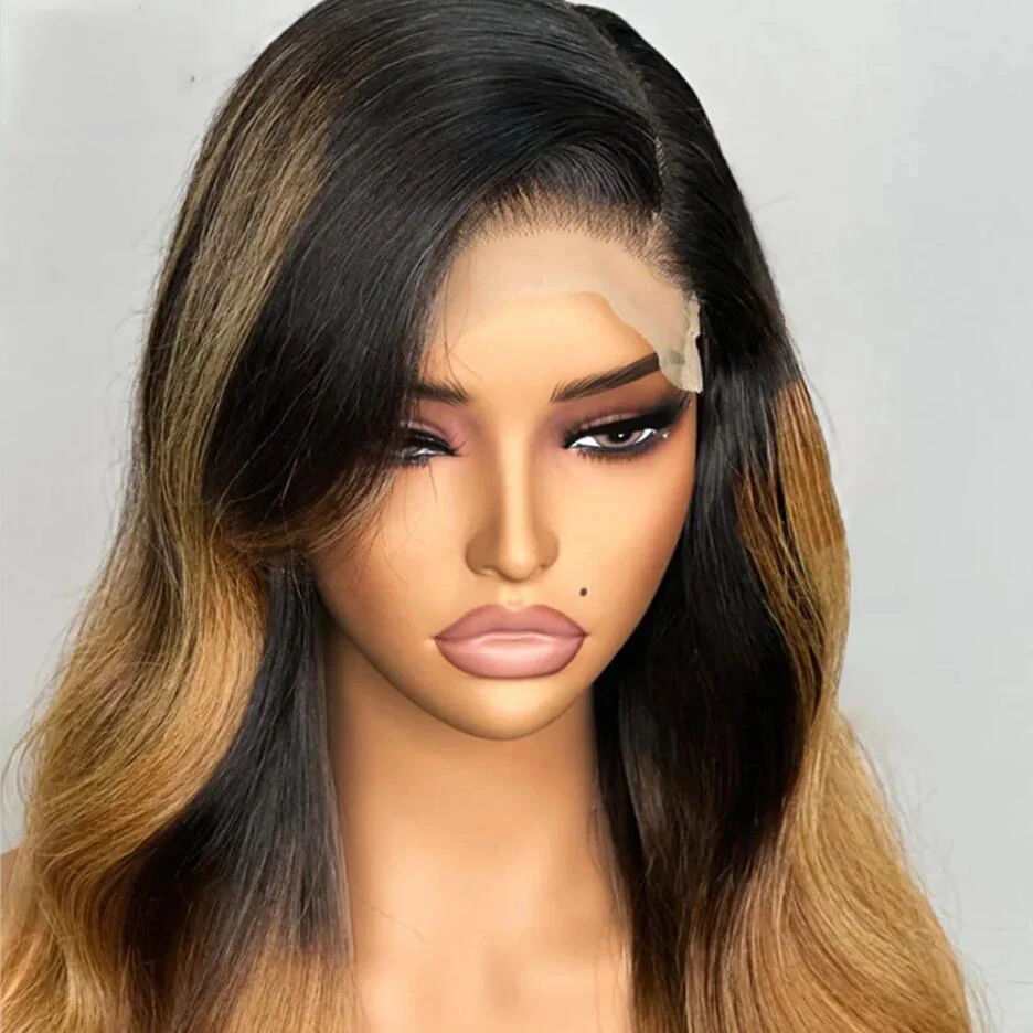 Preplucked macio 26 "longo onda do corpo ombre loira marrom 180 densidade natural linha fina peruca dianteira do laço para preto feminino cabelo do bebê diariamente