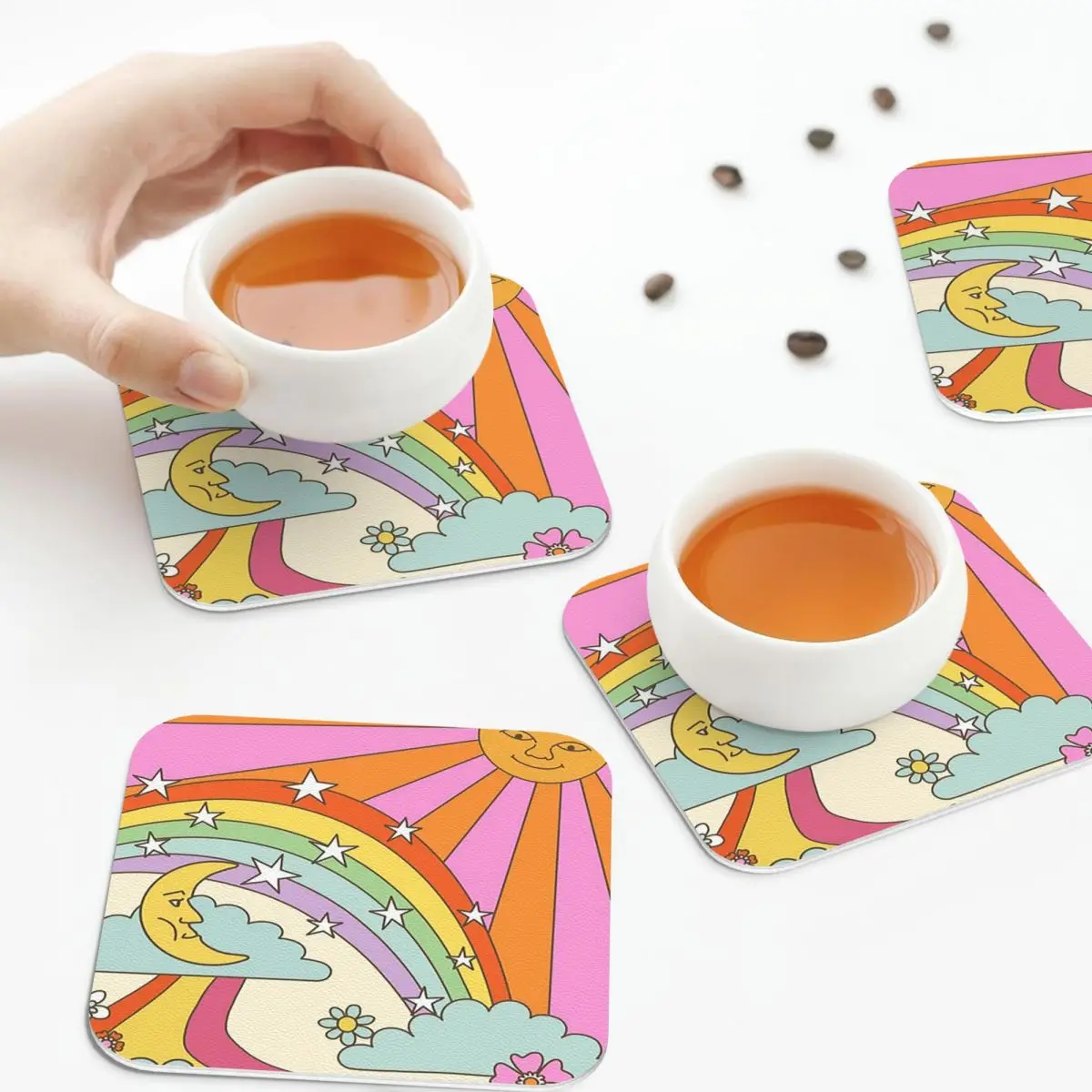 

Ретро Trippy хиппи с принтом в стиле бохо, кожаные салфетки, водонепроницаемые изоляционные кофейные коврики для кухни, обеденные подушечки, набор из 4 шт.