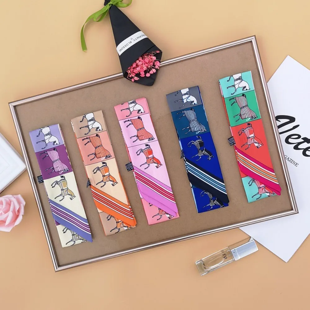 Women Skinny Long Silk Scarf Twill Ribbon Bow Decor Thin Neck Scarf Accessories for Hair Wrapping Bag Travel Party Decoration