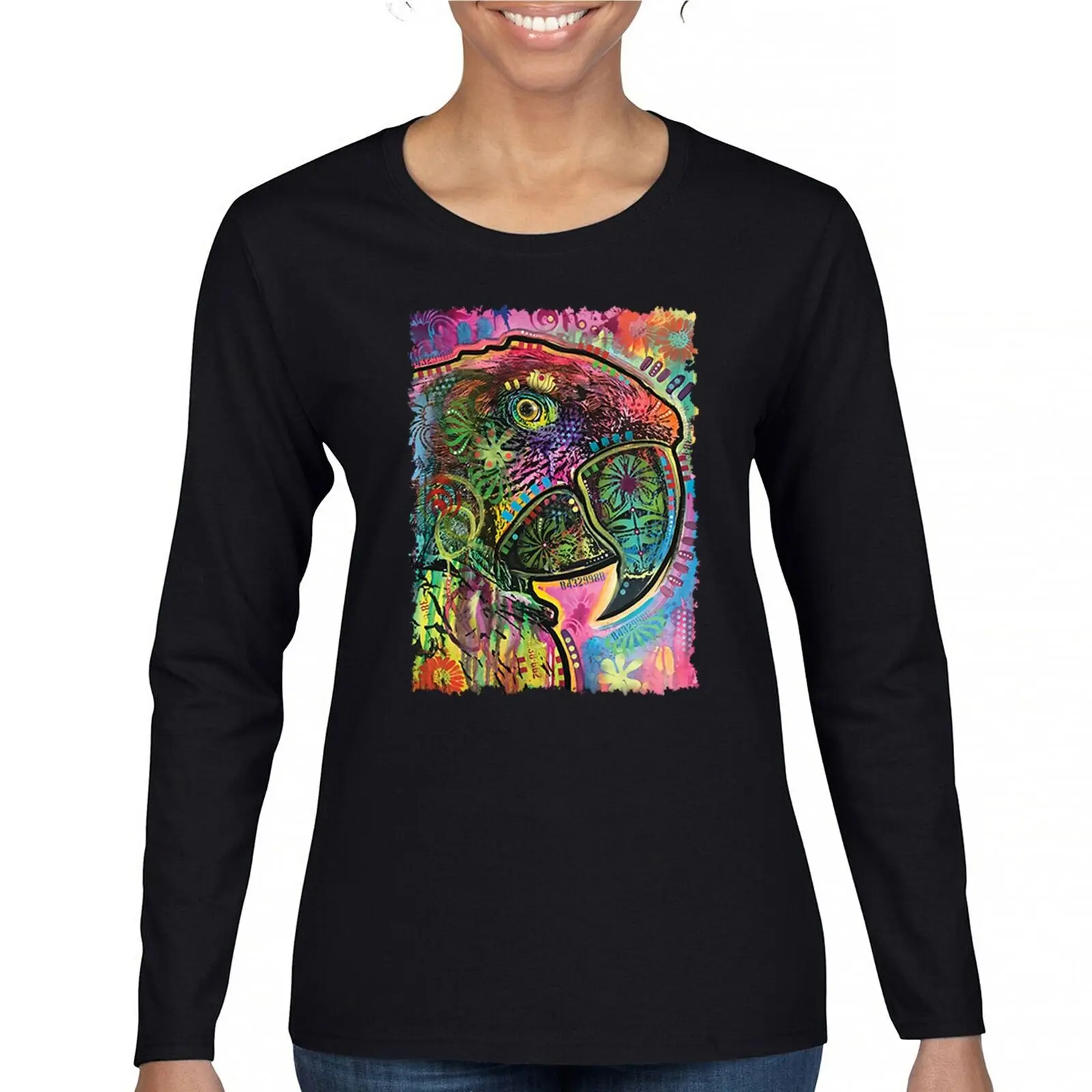 

Dean Russo Colorful Parrot Women's Long Sleeve T-shirt Exotic Bird Beak Feather