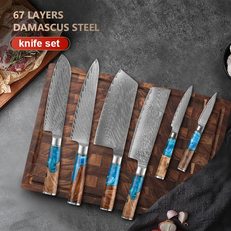

1-6pcs Professional Kitchen Knives-Set Damascus Steel VG10 Chef Knife Cleaver Paring Bread Knife Blue Resin Handle set