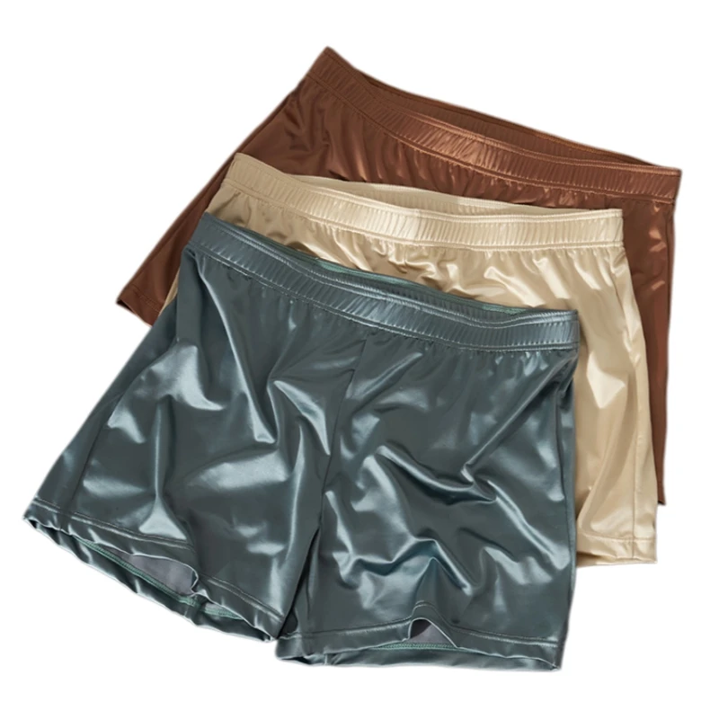 

Men's Glossy Satin Touch Boxer Shorts High Elastic Nylon Ice Silk Sleep Pants Soft Mid-Waist Aro Pants Breathable Cool 3-Pack