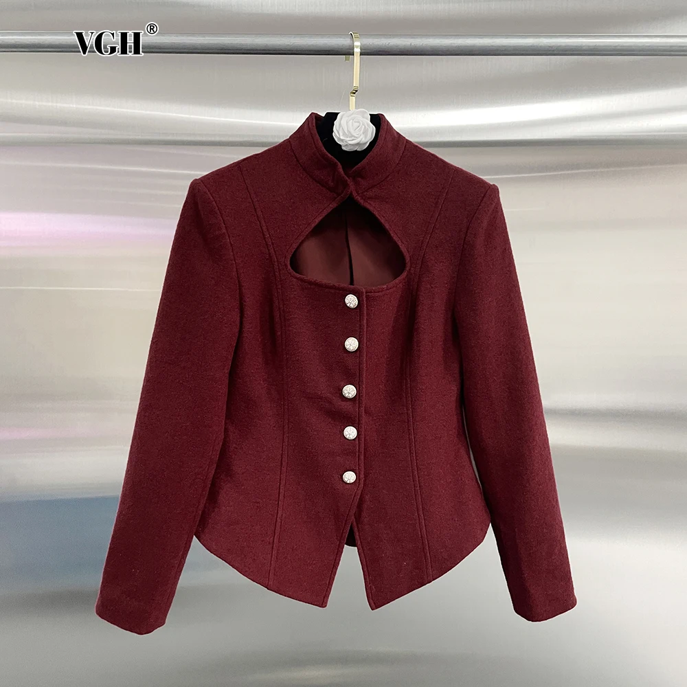 VGH Solid Hollow Out Women Coats Stand Collar Long Sleeves Spliced Single Button Slimming Chic Jackets Female Fashion New Style