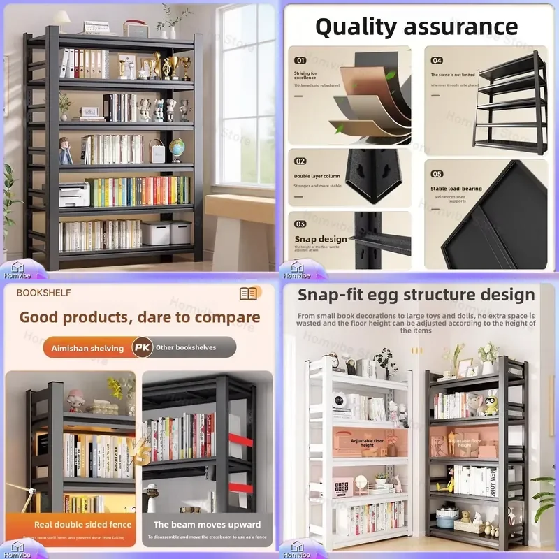 

Floor to Ceiling Bookshelf Storage Shelf for Living Room Bedroom Home Office Toy Storage Multi Tier Metal Bookcase Wrought