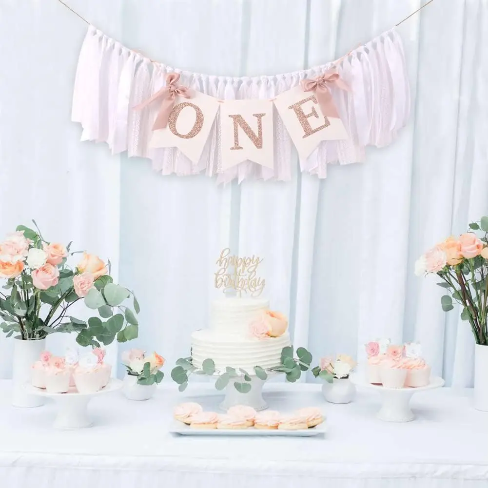 Rose Gold Blush White Highchair Banner Girl 1st Birthday Banner First One Year Party Decor with Cown