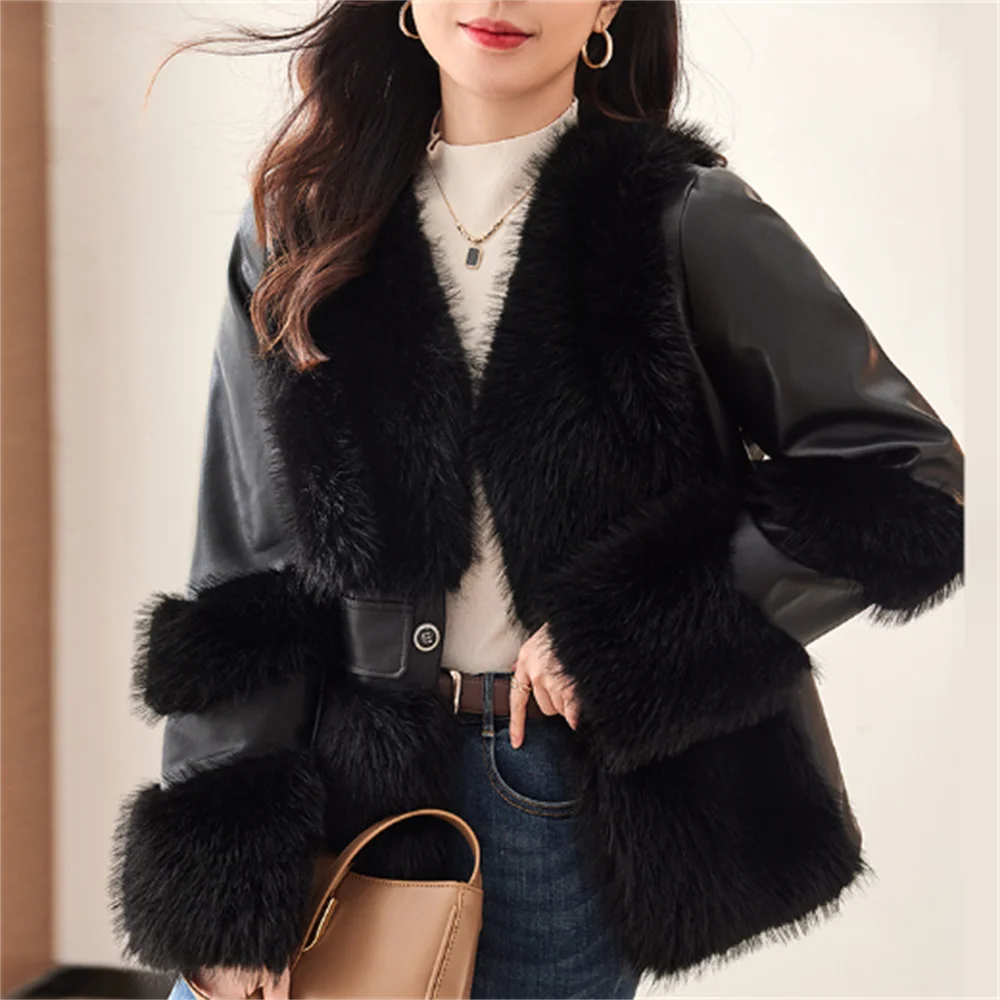 

2023 new wool cotton casual fur jacket winter ladies loose spliced pu leather jacket