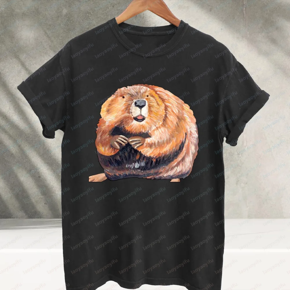 Cute Chubby Beaver Wildlife Art Graphic T‑Shirt Vintage Hand‑Painted Wild Animal Print Tees Cotton Casual Loose Streetwear Tops