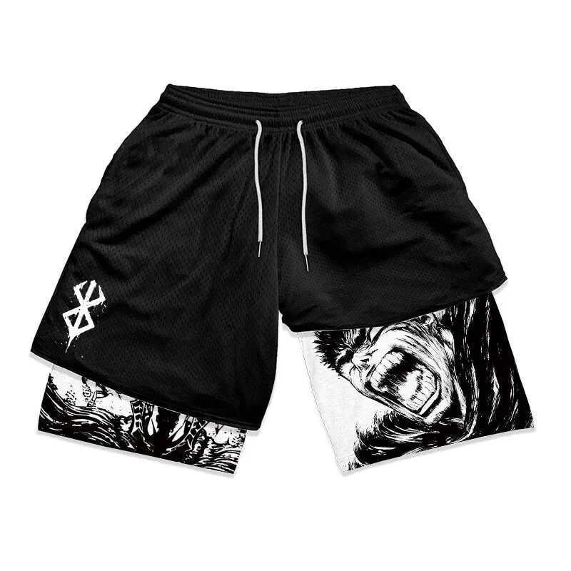 Anime Berserk Performance Shorts Guts Print Sport Running 2 in 1 Gym Shorts Training Men\'s Summer Workout Sportwear Y2K Shorts