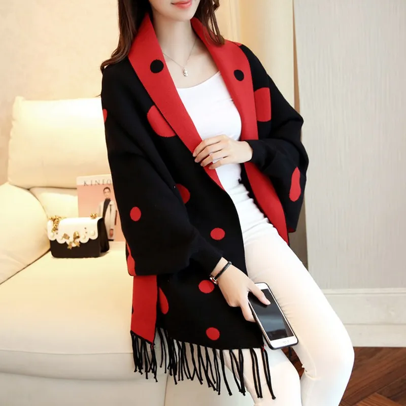 

Autumn Winter New Tassel Jacquard Cape Women Knitting Imitation Wool Cardigan Coat Sleeved Poncho Lady Capes Red Cloaks