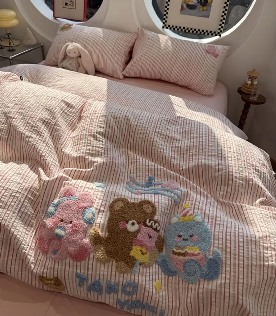 

Cute embroidery octopus squid pink stripe bedding set kid,twin full queen king cotton home textile sheet pillow case quilt cover
