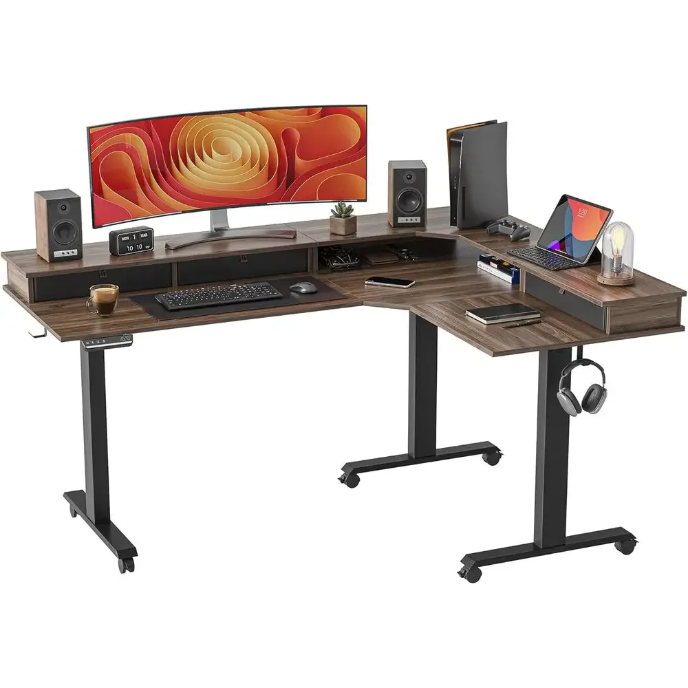 

63 L-Shaped Electric Adjustable Height Desk, Triple Motor, Splice Board, Black/Black Walnut Top