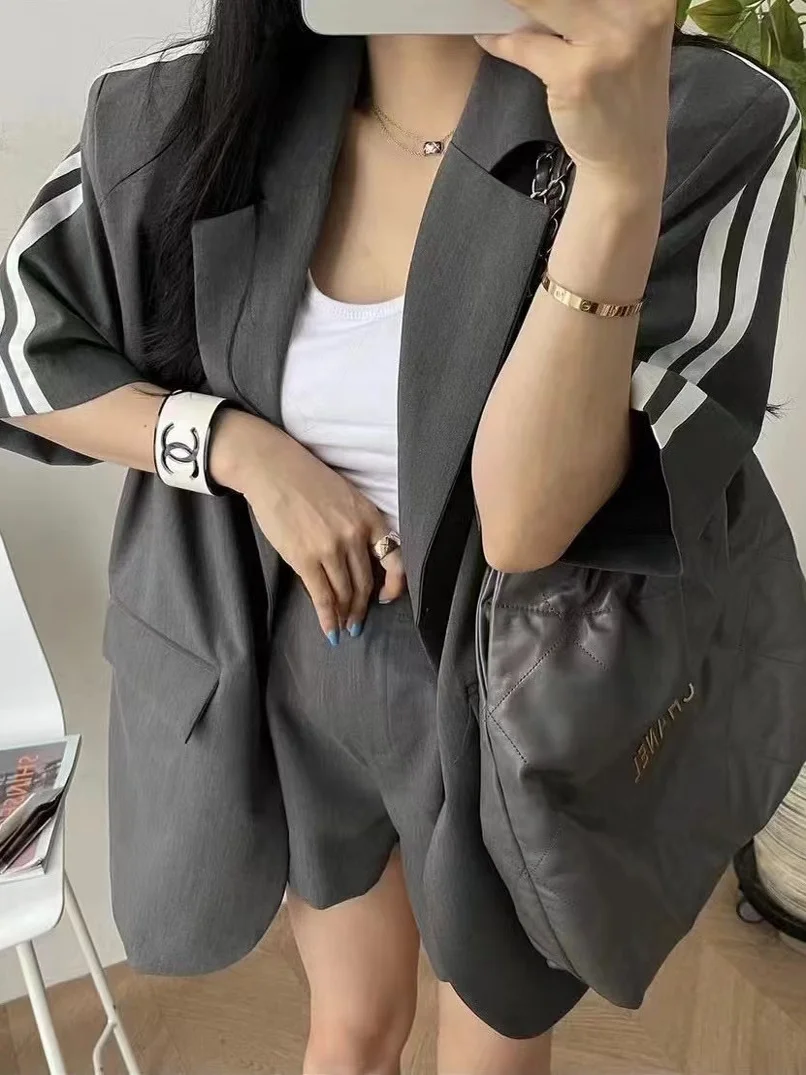 

Women's Loose Lazy Slimming oulder Pad Double Bar Suit Jaet with Elastic Ba High Waist ort Pants Set Casual Commute S...